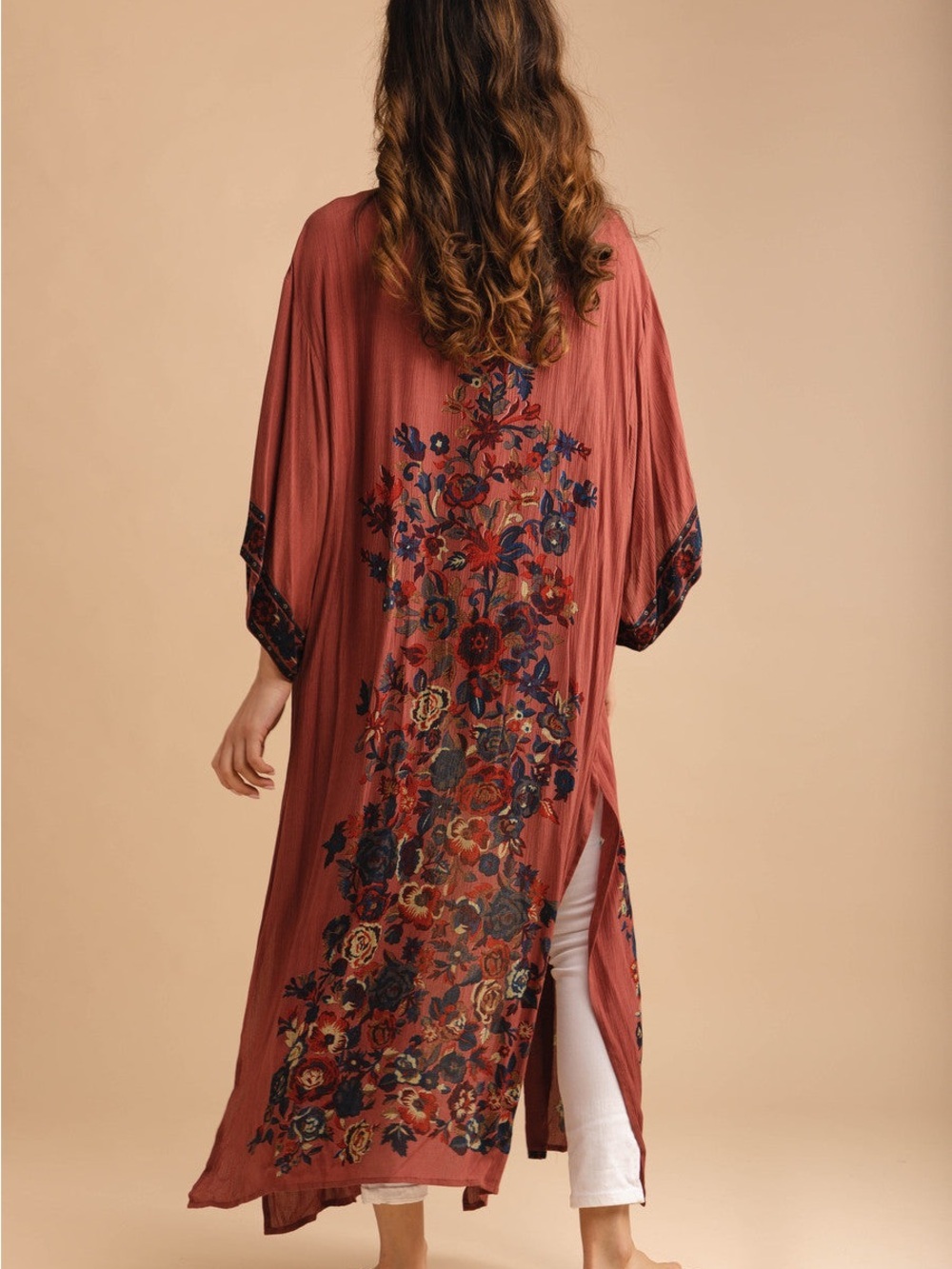 SAACHI Brown Floral Open Front Embroidered Duster w side slits free size
